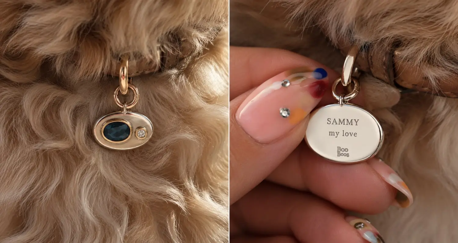 A BooBoos charm on a dog collar, and the back of the same charm engraved SAMMY my love