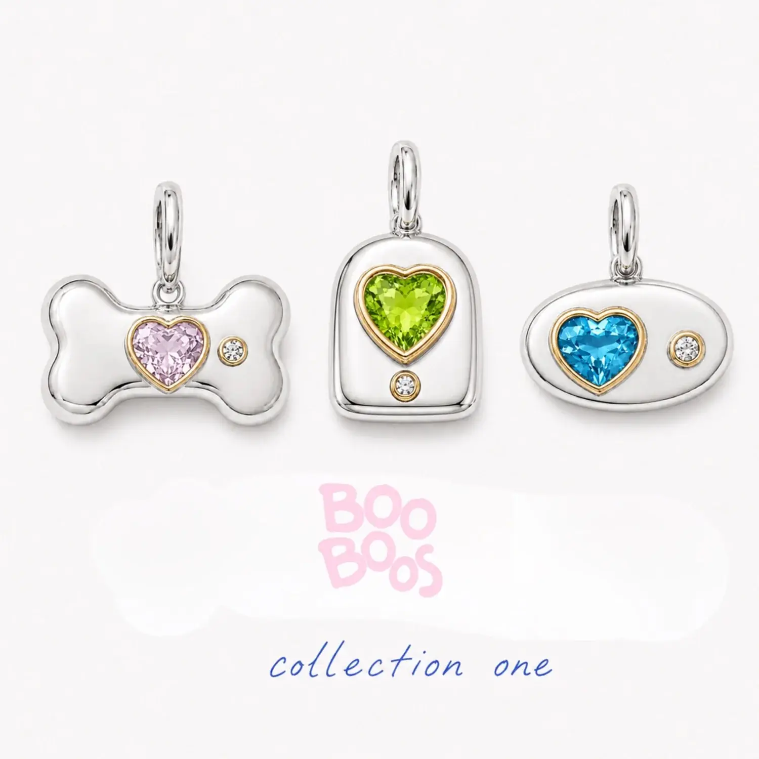 A row of BooBoos gemstone charms