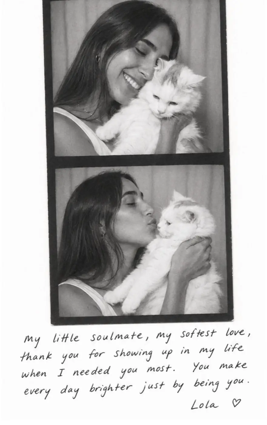 Black and white photobooth strip of the founder with Lola, above a handwritten note signed Lola