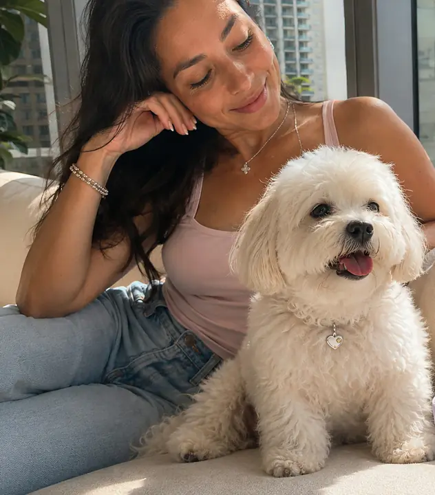 A small white dog on a sofa wearing a heart BooBoos charm