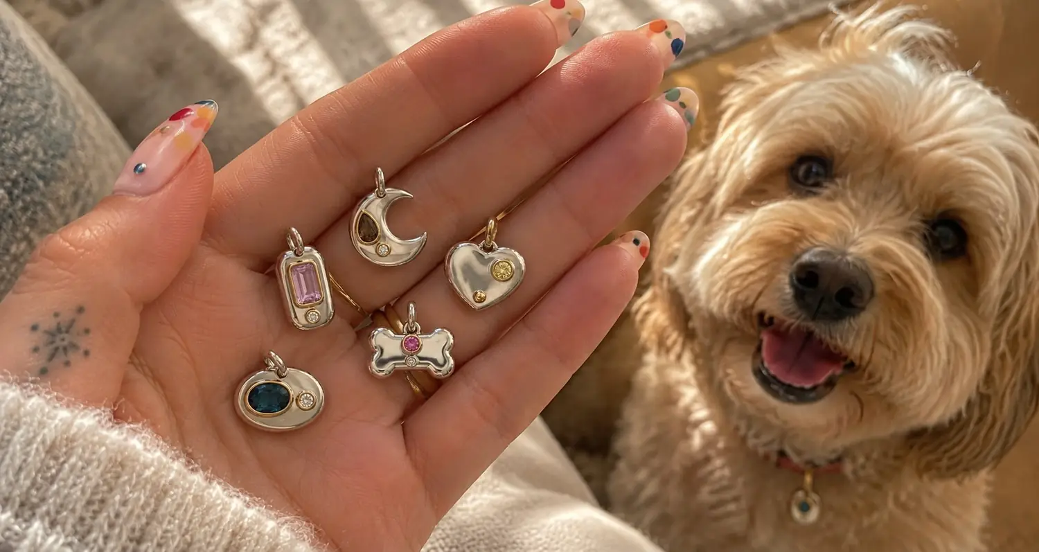 Five BooBoos charms held in one hand beside the dog who wears one